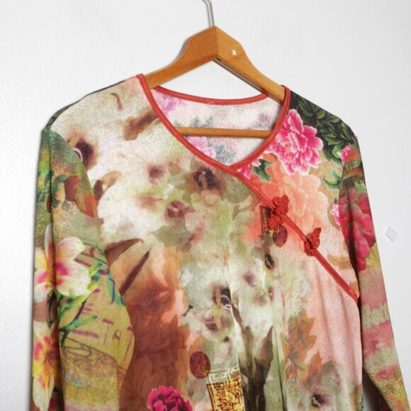 Floral Chinese Tang Style Blouse Y2K Asian Top Frog Button Neckline 34 Sleeves - Picture 6 of 10